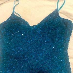 Theia sequined high low teal cocktail dress.